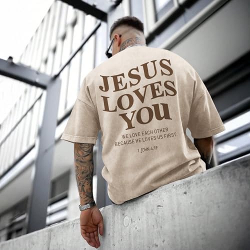 Mens Christian Shirts Jesus is King Love You Tshirt God Faith Religious Bible Verse Oversized Acid Wash Graphic Tees - color: Apricot, size: Small