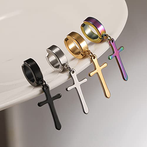 Non-pierced Earrings Set for Men Women Cross Titanium Steel Hoop Dangle Clip On Earring - style: colorful