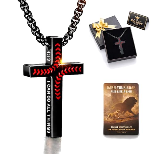 Black Baseball Cross Necklace for Men, Philippians 4:13 Bible Verse