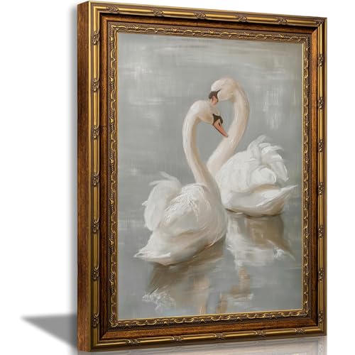 Vintage Gold Framed Graceful Swan Canvas Wall Art, Retro Antique Swan Painting, Classical Bird Nature Print for Living Room, Bedroom, French Country Romantic Home Decor, 16x24 Inch - color: swan, size: 24"L x 16"W