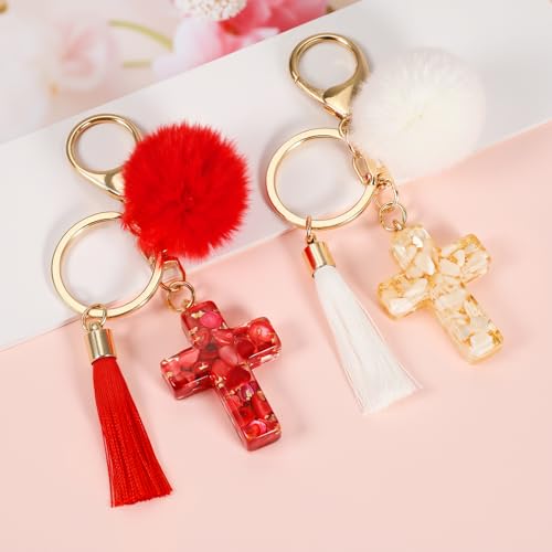 MWOOT 2PCS Cross Keychains for Women, Christian Keyring Tassels Plush, Resin Jesus Key Chain, Bag Charm Car Accessories - color: White+red