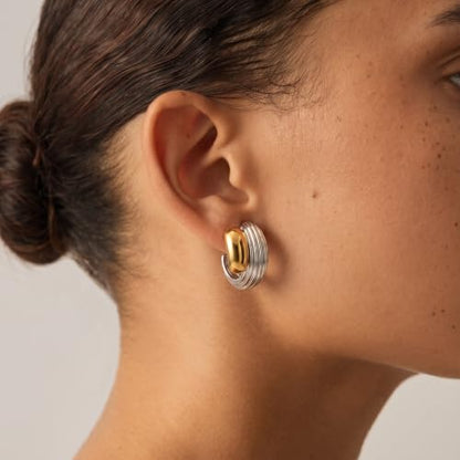 Two Tone Gold Silver Hoop Earrings Mixed Metal Open C Hoop Earrings - color: Chunky Ribbed