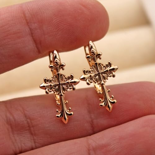 18K Gold Plated, Dangle Earrings for Women, Flower/Heart Drop earrings, Hypoallergenic Cubic Zirconia Earrings, Lightweight, Party, gold earrings, Jewelry for Gifts, Fashion - style: OBS7528-FlowerCross