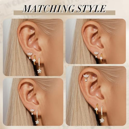 Angelady Gold Hoop Earrings Set for Women, Dainty 14K Gold Plated Flower Moon Cross Dangle Earrings, Hypoallergenic Huggie Hoop Earring Stacks, Stud Earrings for Women Trendy Jewelry Gift - color: Gold3