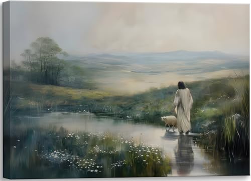 Framed Jesus Wall Art Jesus and Lamb Canvas Wall Decor Christian God Savior Prints Posters Pictures Leaves the 99 Sheep Artwork for Living Room Bedroom Church Wall Decor Ready to Hang 12x16in - color: Green, size: 16"L x 12"W