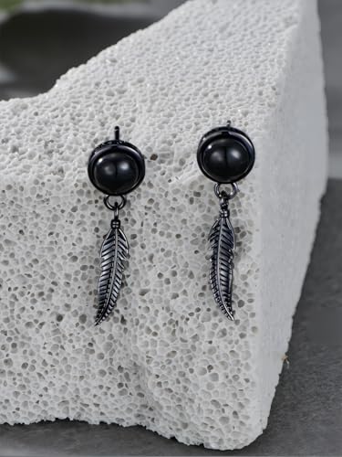 Black Dangle Drop Earrings 925 Sterling Silver Black Onyx Stud Earrings Viking Rune Jewelry Gift for Women Men - color: A04-Feather