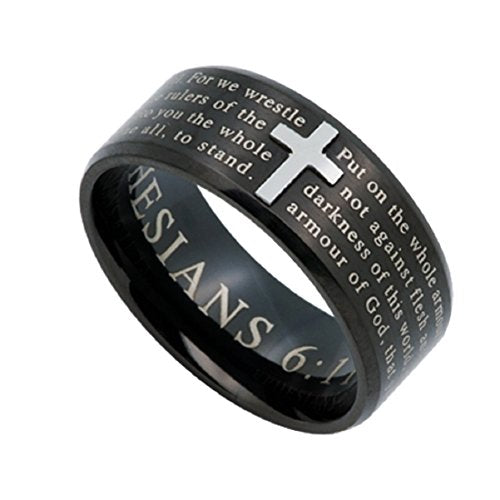 ARMOR OF GOD Jewelry Cross Ring For Men, Black Stainless Steel