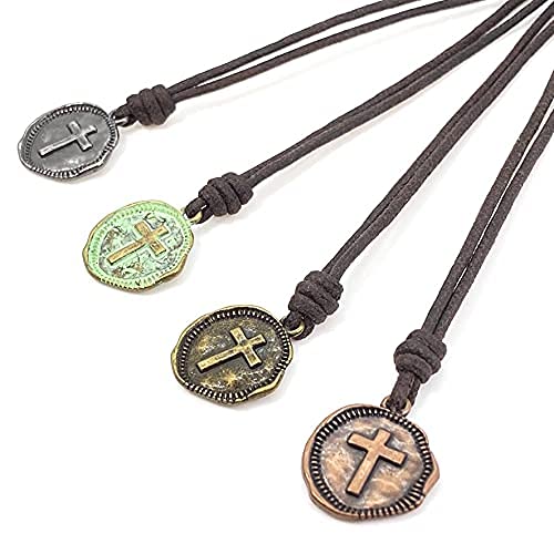 Cross Necklace Mens - Men Cross Coin, Religious Pendant, Medallion Necklaces, Christmas Gift, Catholic Pendant, Christian Charms, Women Gifts to Husband, Cute Crosses - color: Gunmetal, style: Black Leather