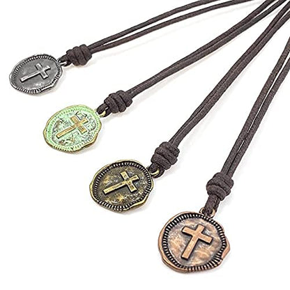 Cross Necklace Mens - Men Cross Coin, Religious Pendant, Medallion Necklaces, Christmas Gift, Catholic Pendant, Christian Charms, Women Gifts to Husband, Cute Crosses - color: Gunmetal, style: Black Leather