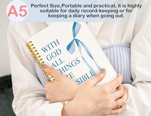 Blue Bible Journal for Women, A5 Spiral Christian Notebook & Study Supplies, Cute Hardcover Coquette Bow Diary with Scripture Matthew 19:26 for Church Notes, Prayer & Teen Girls.5.5 x 8.3 Inch - color: (Blue) Matthew 19:26