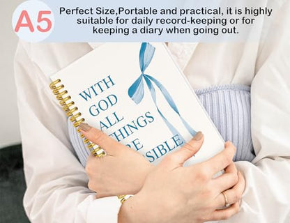 Blue Bible Journal for Women, A5 Spiral Christian Notebook & Study Supplies, Cute Hardcover Coquette Bow Diary with Scripture Matthew 19:26 for Church Notes, Prayer & Teen Girls.5.5 x 8.3 Inch - color: (Blue) Matthew 19:26