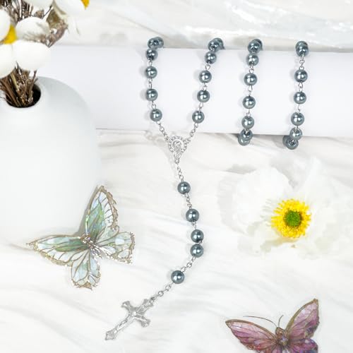 Silver Gray Pearl-Style Rosary Necklace with Metal Gift Box, 8mm, 22 Inch - color: Gray