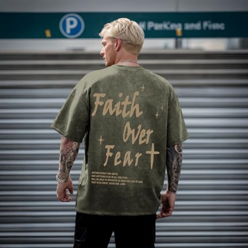 Christian Shirts for Men Faith Over Fear Acid Wash Tshirts Faith Religious Tees God Bible Verse Inspirational Tops - color: Army Green, size: Small