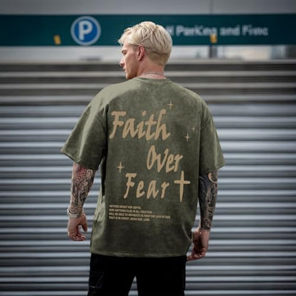 Christian Shirts for Men Faith Over Fear Acid Wash Tshirts Faith Religious Tees God Bible Verse Inspirational Tops - color: Army Green, size: Small