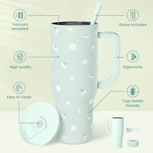 Daisy 40oz Tumbler with Handle and Straw – Flower Insulated Stainless Steel Travel Coffee Mug for Women Girls - Gift Idea for Birthday Christmas Mothers Day - color: Daisy