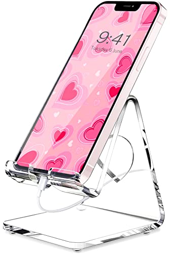 Crpich Acrylic Cell Phone Stand, Portable Phone Holder, Clear Phone Stand for Desk, Compatible with Phone16 15 14 13 Pro Max Mini 12 11 SE, Switch, Android Smartphone, Pad, Tablet, Desk Accessories - color: Clear