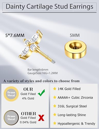 JeryWe Cartilage Earrings for Women Hypoallergenic Helix Piercing Jewelry - color: H:simple-14k gold filled