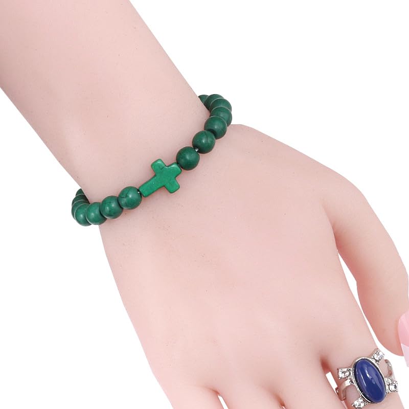 FORUBUS Lava Rock Stone Beaded Bracelet, Cross Charm Natural Volcanic Stone beads Turquoise Stretch Bracelet for Women Men Religion Jewelry Pray Baptism Gift - color: B 1pcs dark green