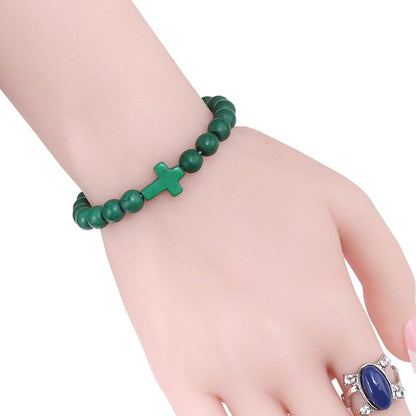 FORUBUS Lava Rock Stone Beaded Bracelet, Cross Charm Natural Volcanic Stone beads Turquoise Stretch Bracelet for Women Men Religion Jewelry Pray Baptism Gift - color: B 1pcs dark green