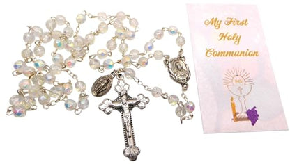 Westmon Works Girls First Holy Communion Rosary Set with Glass Beads Metal Crucifix Gift Boxed with Holy Card, Made in Italy