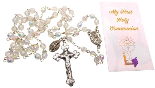 Westmon Works Girls First Holy Communion Rosary Set with Glass Beads Metal Crucifix Gift Boxed with Holy Card, Made in Italy