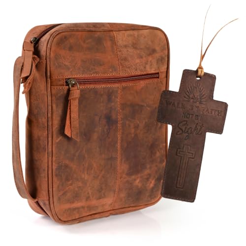11 x 8 inch Genuine Leather Bible Cover for Men & Bible Case Women Organizer with Handle & Pocket Pen Holder Christian Religious Gift Cross Bookmark Bible Carrying Bag for Church - Red - color: Red