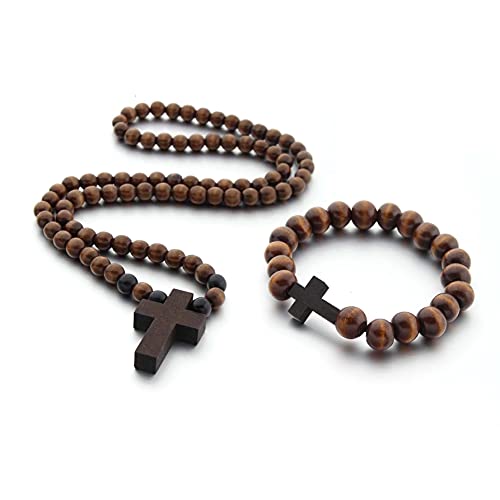 COLORFUL BLING Classic Natural Wood Beads Cross Pendant Necklace for Men Women Religious Rosary Jewelry Handmade Prayer Accessories - color: set dark