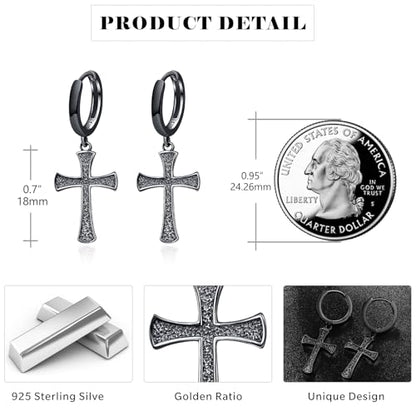 Cross Earrings 925 Sterling Silver Cross Dangle Earrings Christianity Jewelry Gift for Men Women - style: Cross-Black