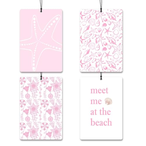 Pink Beach Car Air Freshener 4Pcs,Beachy Car Accessories,Seashell Starfish Hanging Freshies,Coastal Ocean Rearview Mirror Decor,Girly Summer Car Gifts - color: beach