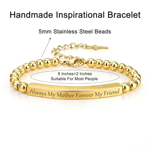 Inspirational Christian Bracelet for Women, Stainless Steel Beaded Cross Jewelry with Bible Verse, Religious Faith Gift for Mom, Daughter, Sister, Friend - color: Always My Mother Forever My Friend-Gold Bead