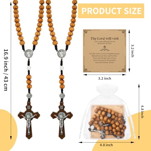 Wooden Rosary Necklace, Handmade Rosary Beads Necklace, Prayer Holy Soil Medal and Metal Cross For Catholic Or Christian Gift, Pouch Baptism Favors Gift