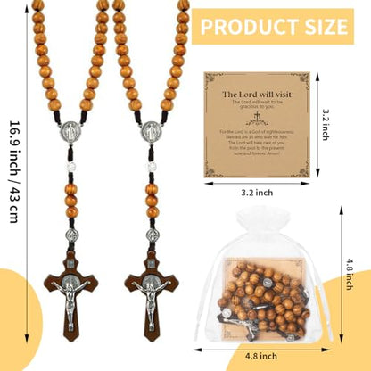 Wooden Rosary Necklace, Handmade Rosary Beads Necklace, Prayer Holy Soil Medal and Metal Cross For Catholic Or Christian Gift, Pouch Baptism Favors Gift
