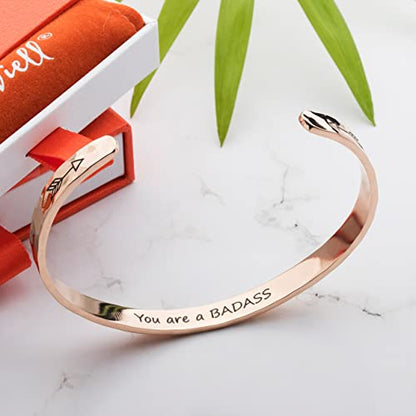 Carviell Bracelets for Women – 100+ Meaningful Engraved Messages – Solid 316L Surgical Stainless Steel Cuff Bracelet – Gift Ready - color: BADASS Gift - You are a B*D*SS - ROSE GOLD