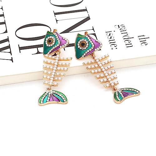 Fish Bone Earrings Drip Oil Animal Earrings Colorful Crystal Sparkly Enamel Earrings Creative Long Fishbone Earstud Dangle Fish Drop Earrings Jewelry for Women - color: Pearl