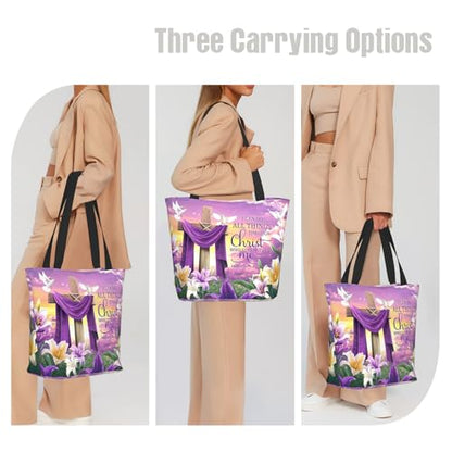 Bible Tote Bags for Women Christian Gifts Religious Church Shoulder Bag - color: Purple Cross