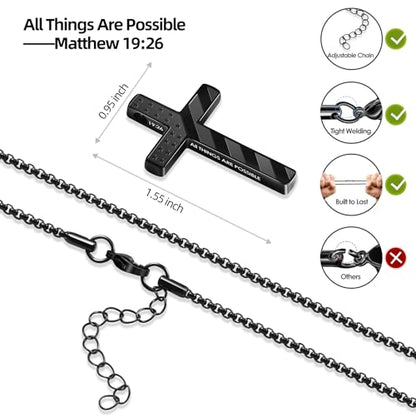 Romass Cross Necklace for Men Boys - 316L Stainless Steel Bible Verse Religious Pendant, Christian Jewelry Gifts for Son Husband, Graduation Gifts, Adjustable 22+2 inch Chain - color: Silver+Black, style: 2Pcs 19:26