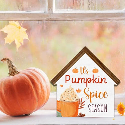 Fall Home Decor, It's Pumpkin Spice Season House Shaped Wood Block Sign - color: Pumpkin
