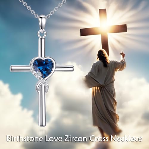 S925 Sterling Silver Cross Necklace for Women Birthstone Necklace Heart Infinity Cross Pendant Necklace Christmas Valentines Day Gifts Birthday Holiday Gifts for Her, 18"+2" Inches - color: 09-Sep Birthstone - Blue Sapphire