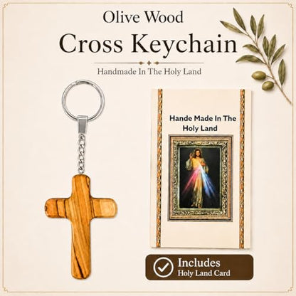Bethlehem Olive Wood Cross Keychain – Handmade Holy Land Christian Wooden Key Ring Religious Gift