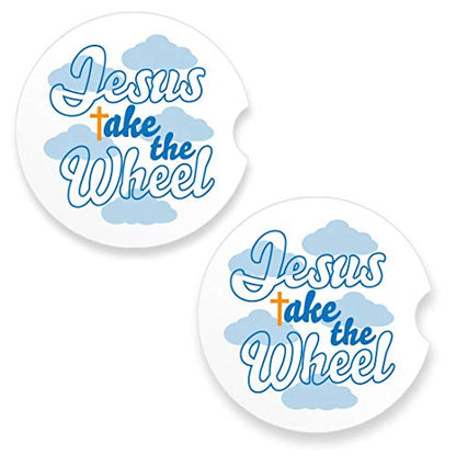 Jesus Take The Wheel Christian Car Coaster for Cup Holders 2.56" Ceramic Stone Drink Coaster, Set of 2 Pack