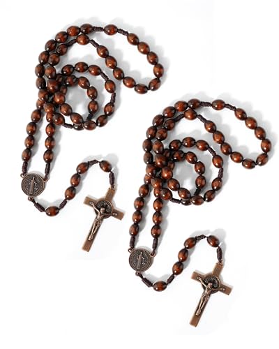 Wooden Rosary Beads, Rosarios Catolicos with Metal Cross for Men & Women - color: Woven Coffee