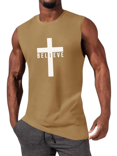 Men's Cotton Graphic Tank Tops Jesus Cross Believe Printed Faith Christian Shirts - color: #Khaki, size: Small