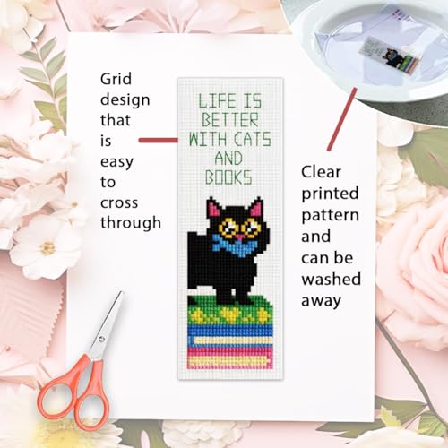 ORIGACH 6 Pcs Black Cat & Quote Cross Stitch Bookmark Kit for Beginners - style: Black Cats & Quotes