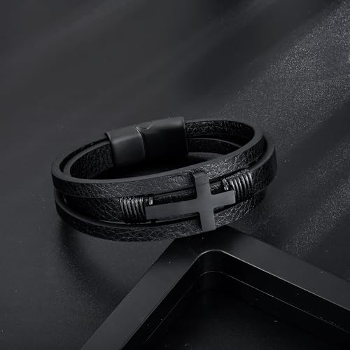 Leather Cross Bracelet Braided Faith Bangle for Men, 8.3 &9.1 Inch - color: 04.Black cross, size: 8.3in(Fits most wrists)