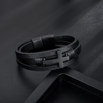 Leather Cross Bracelet Braided Faith Bangle for Men, 8.3 &9.1 Inch - color: 04.Black cross, size: 9.1in(Fits larger wrists)