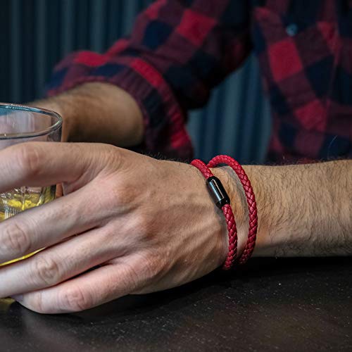 globi Leather Bracelet For Men | Genuine Wrap Braided Leather Cuff Bangle Bracelet with Magnetic Stainless Steel Clasp For Men/Women - color: Red