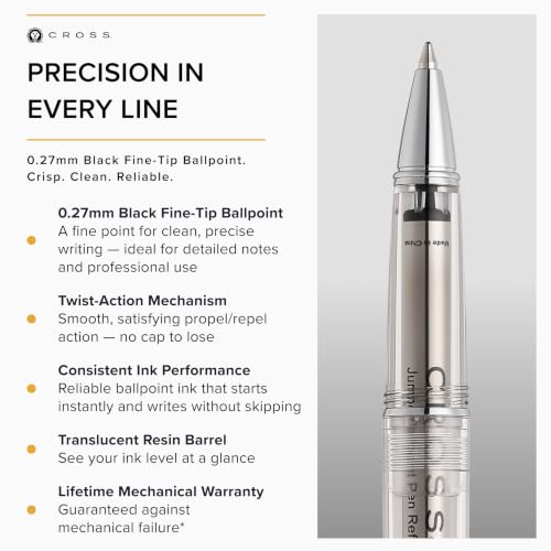 Cross Lume Translucent Translucent Clear Resin Ballpoint Pen - Chrome-Plated Appointments - Black Fine-Tip Ballpoint - 0.27mm Line Width - Lifetime Mechanical Warranty - color: Clear