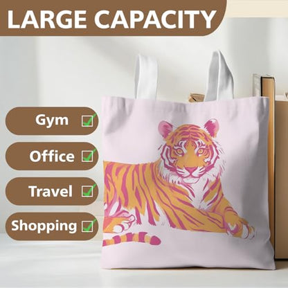 Preppy Coquette Pink Tote Bag, Trendy Shoulder Canvas Tote Bags, Durable Reusable Grocery Bag for Shopping and Travel - color: Tiger