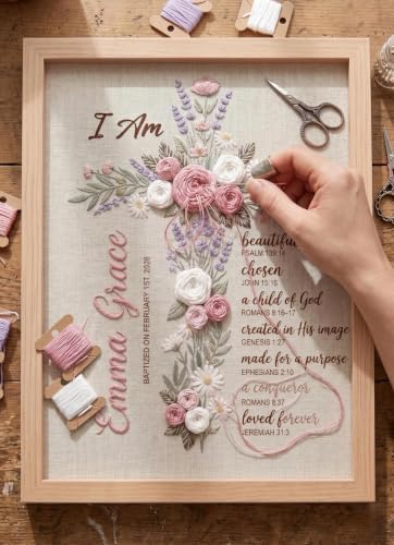 NAZENTI Custom Hand Embroidery Wooden Frame Sign Baptism Gift for Boy, Personalized Embroidered Floral Sign with Name - color: DS01