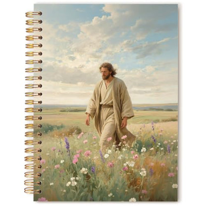 Christian Jesus Notebook Journal, Jesus Walking Wildflower Landscape Bible Prayer Spiral Hardcover Notebook Journal for Church Notes Study Office Work, 5.5x8.3 Inch - color: Christ in Flower Field